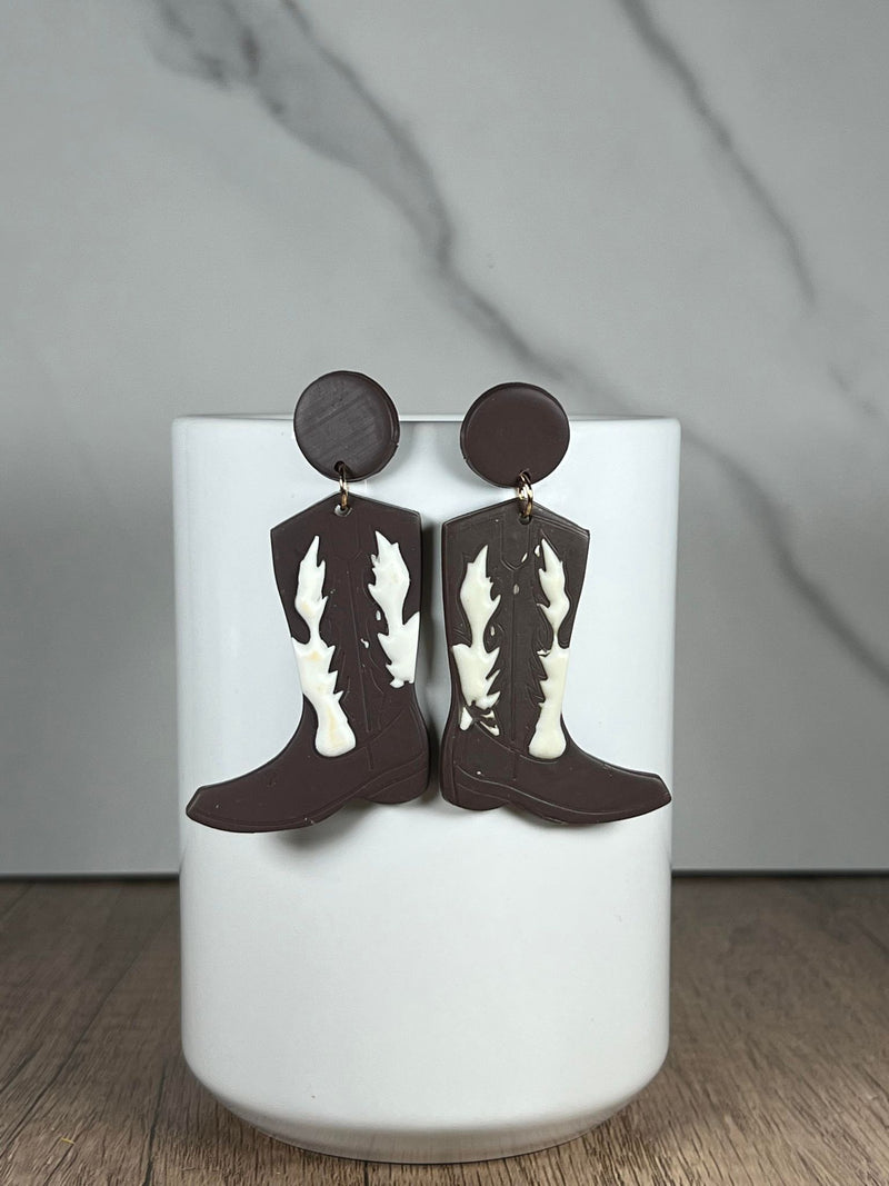 Brown and White Boot Earrings