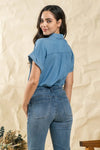 Ruched Shoulder Chambray Top