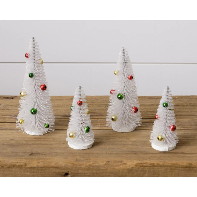 Bottle Brush Trees - White Glitter With Ornaments Set of 4