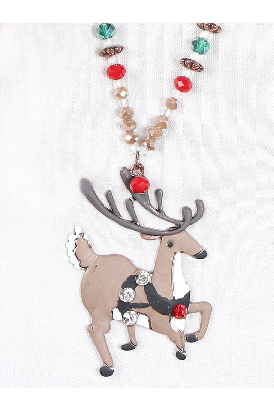 The Prancing Reindeer Pendant Necklace with Festive Beading