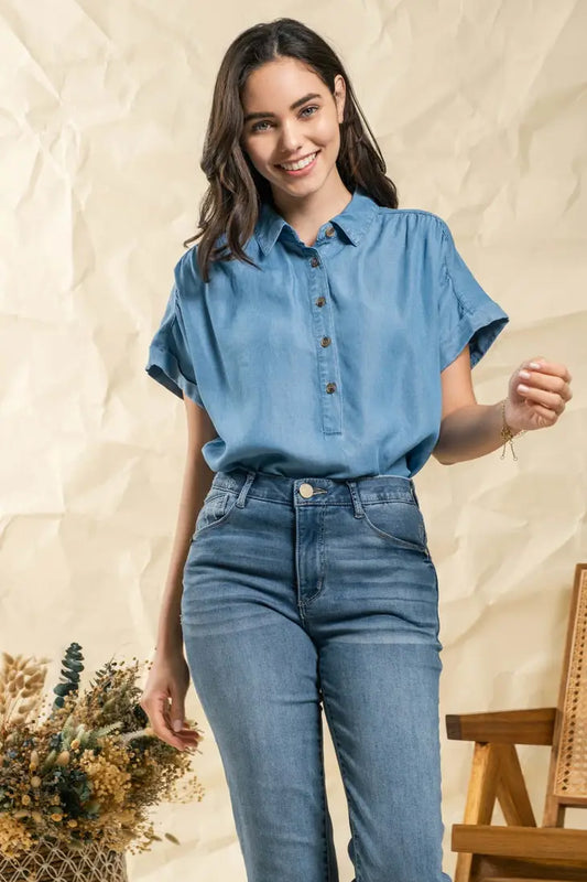 Ruched Shoulder Chambray Top