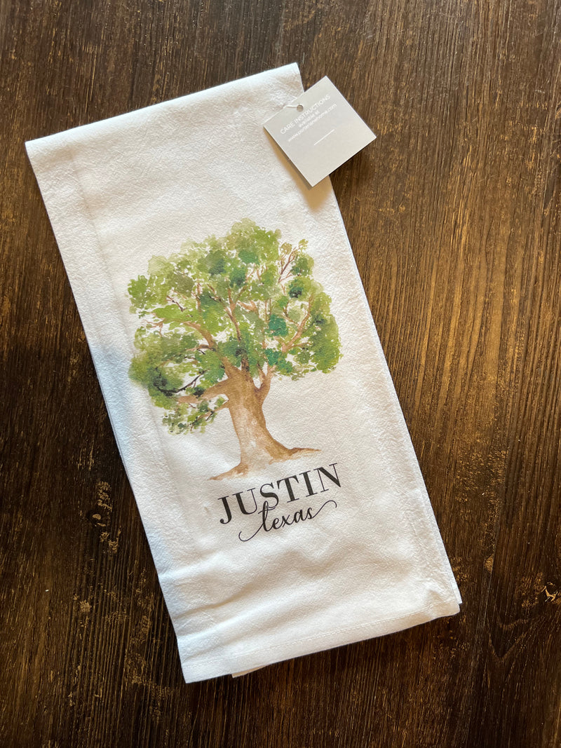 Watercolor Tree Justin, TX Tea Towel