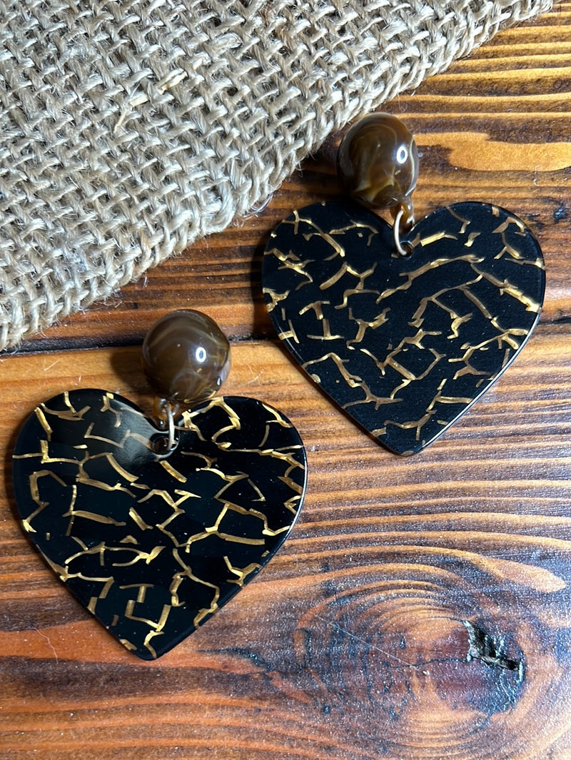 Brown and Black Heart Acetate Earrings
