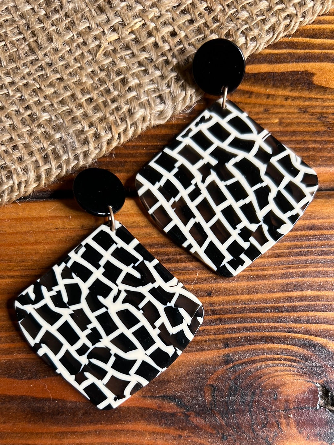 Black and White Diamond Shape Acetate Earrings