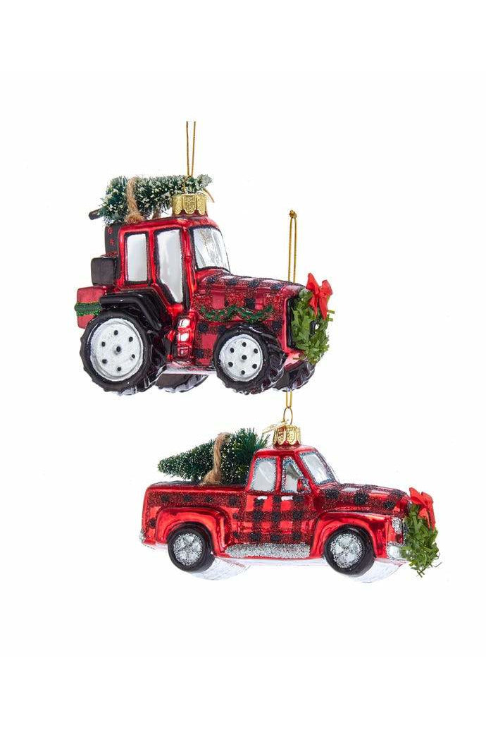 Plaid Tractor and Truck Glass Ornaments