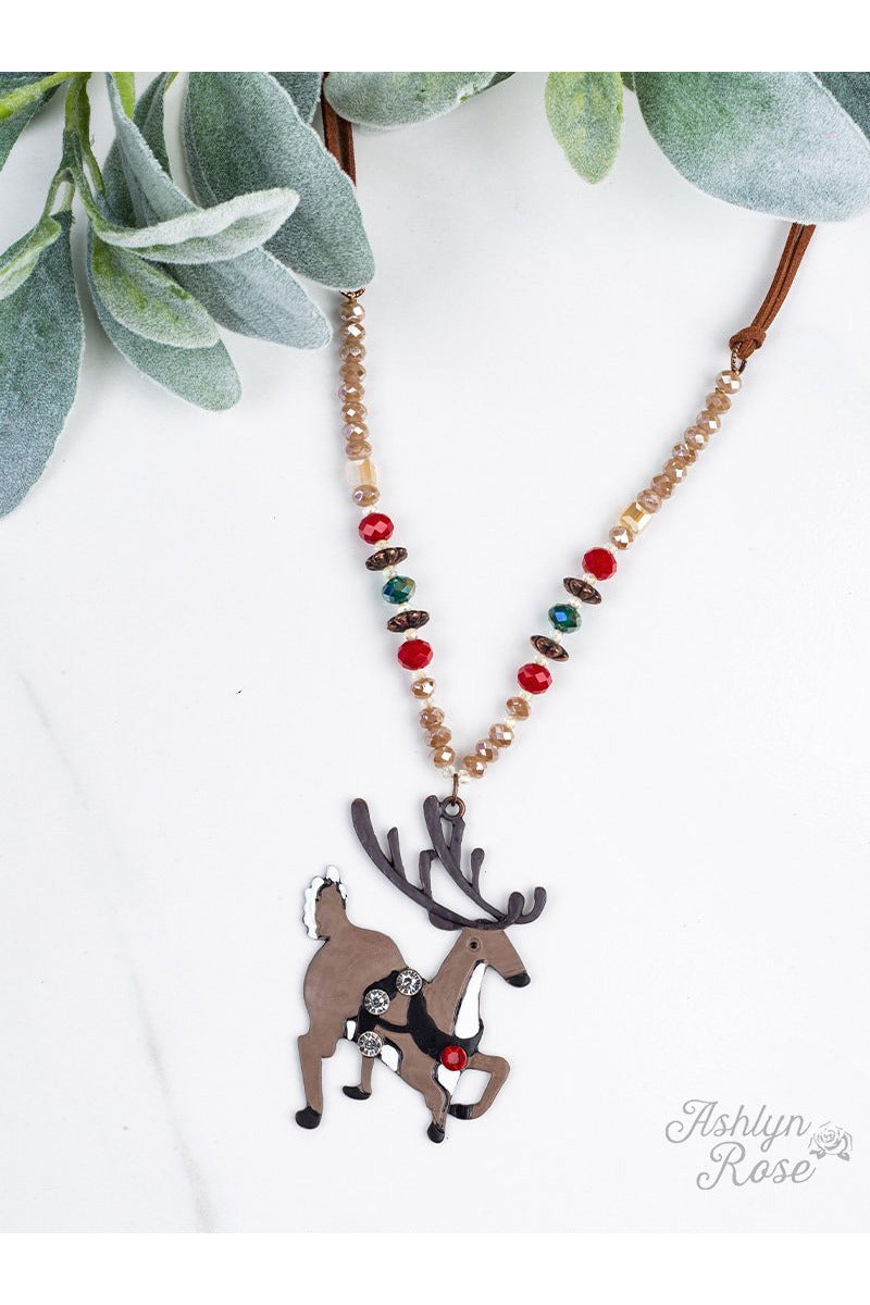 The Prancing Reindeer Pendant Necklace with Festive Beading