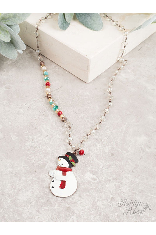 The Singing Snowman Necklace with Crystal Beading and Festive Accents, Copper