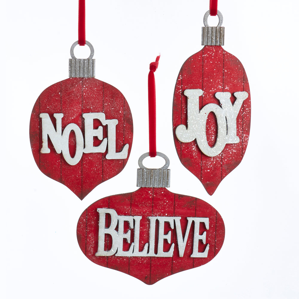 Red Glittered Joy, Noel and Believe Word Ornament